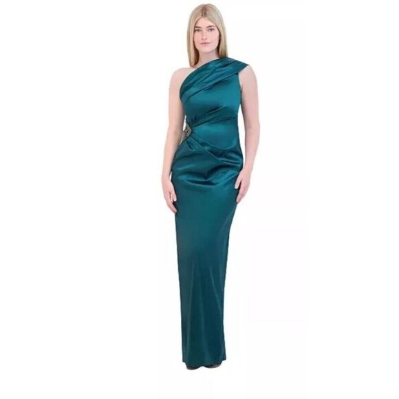 New Eliza J Women' One Shoulder Satin Sleeveless Hunter Green Sheath Gown Size 2 - Picture 1 of 10